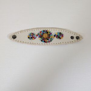 Artisan White Leather Cuff Bracelet HandBeaded Colorful Mandala Boho Chic